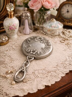 Vintage Art Nouveau Silver Hand Mirror with Floral Design